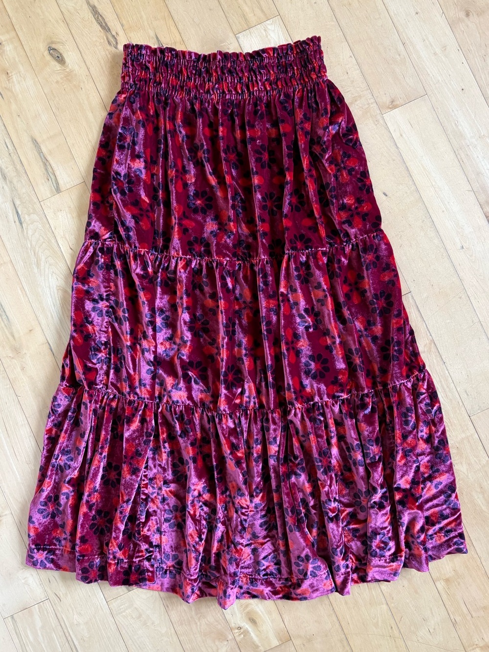 The Somerset Maxi Skirt Anthro Velvet Tiered Pink Multi Floral Pockets Small - Picture 4 of 9